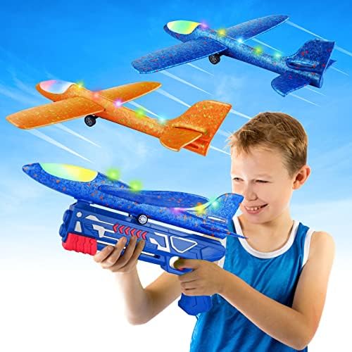 BLUEJAY 17.5 Uçak Başlatıcısı Oyuncaklar, 2 Uçuş Modu LED Köpük Planör Mancınık Uçak, Çocuklar için Açık Spor Uçan Oyuncak,