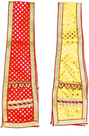 2 Set Kırmızı ve Sarı Dekoratif Puja Kumaş Pooja Chunar Dupatta (Boyut: -29 İnç x 4 inç) Pooja Öğeleri Dekorasyon için Makaleler