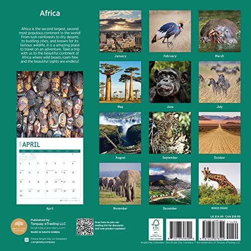 Parlak Güne Göre 2023 Afrika Aylık Duvar Takvimi, Bir Neden için Takvimler, 12 x 12 inç, Güzel Açık Doğa Yaban Hayatı Fotoğrafçılığı