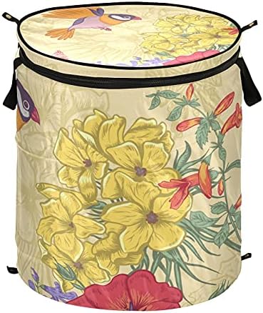 Vintage Çiçek Kuşlar Yapraklar Açılır Fermuarlı Kapaklı çamaşır Sepeti Kulplu katlanır çamaşır sepeti Daire Kamp Pikniği