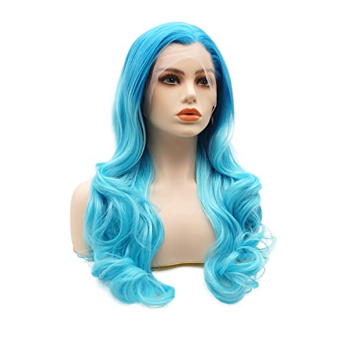 LUSHY GÜZELLIK Saç Sentetik Dantel ön peruk Dalgalı Uzun 24 inç Mavi Kök Açık Mavi Ombre ağır yoğunluk ısıya dayanıklı Gerçekçi
