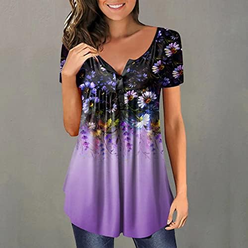 Kadın Tunik Üstleri Çiçek Tees Gömlek Yaz Kısa Kollu V Boyun Bluzlar Flowy Casual Gömlek Moda Düğme T Shirt