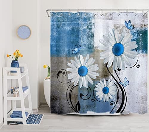 Mavi Papatya Çiçek Duş Perdesi Beyaz Çiçek ve Kelebek Modern Soyut Geometrik Gri ve Beyaz Duş Perdesi Çiftlik Evi Ülke Duş