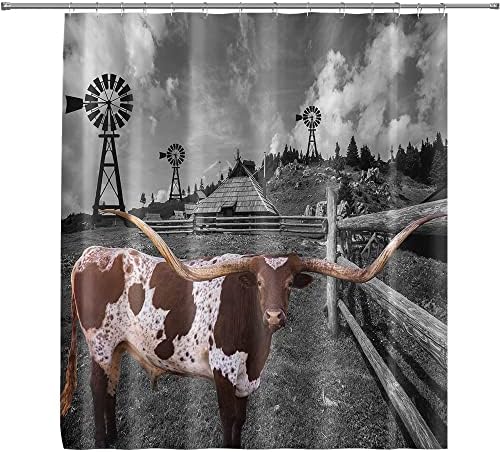 QZJDX Longhorns Inek Duş banyo perdesi Texas Sığır Batı Çiftlik ahşap hayvan Çit Fırıldak Çiftlik Evi Ahır Siyah ve Beyaz