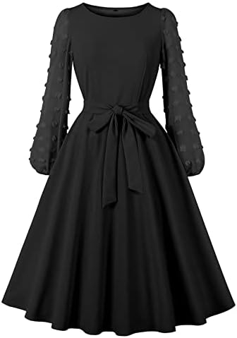 RbCulf Bayan Vintage Elbise 1950 s Retro Rockabilly Prenses Cosplay Elbise Uzun Kollu Yuvarlak Boyun Katı Audrey Hepburn