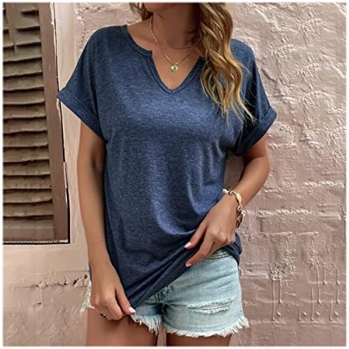 Nxxyeel Kadın Üstleri Düz Renk Açılı Yaka Gömlek Haddelenmiş Kollu Eğlence Tees Yaz Kısa Kollu Gevşek Rahat Gömlek
