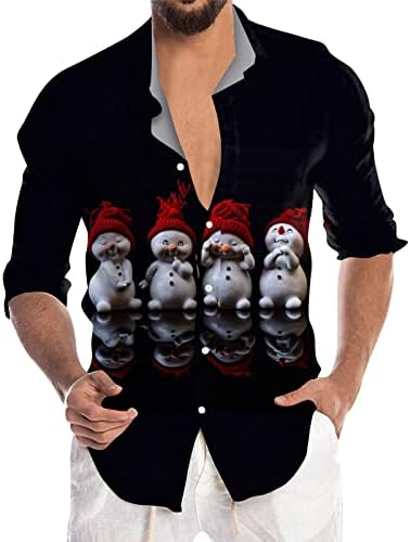 XXBR Noel Casual Düğme Aşağı Gömlek Mens Uzun Kollu Yaka Boyun Yenilik Üstleri Noel Kar Tanesi Baskı Parti Gömlek