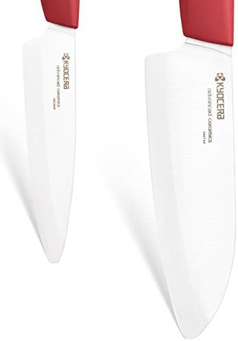 Kyocera Revolution Serisi 2 Parçalı Seramik Bıçak Seti: 5,5 inç Santoku Bıçak ve 4,5 inç Maket Bıçağı, Beyaz Bıçaklı Kırmızı