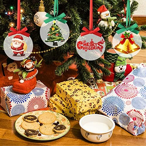 50 Adet 3.5 Noel Akrilik Süsler Şeffaf Yuvarlak Akrilik Diskler Noel askı Süsleri Noel Ağaçları için Kırmızı ve Yeşil Kurdeleli