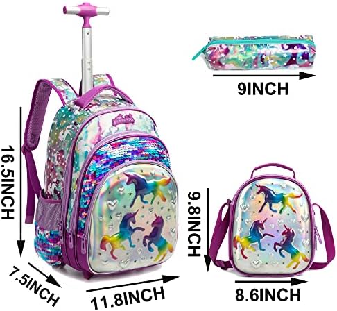 ZBAOGTW Unicorn Haddeleme Sırt Çantası Kızlar için Sırt Çantası Tekerlekli yemek kabı ve kalem çantası, Ayarlanabilir Uzunluk