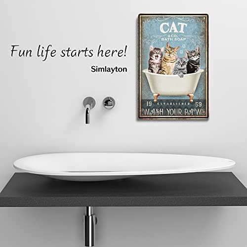 Duvar Dekoru - Tabela, Komik Kedi Deseni-Banyo Kullanımı, Vintage Tarzı-Tuvalet Kullanımı, Pençelerinizi Yıkayın, Asın veya