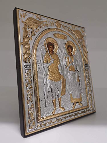 Başmelekler Mikail ve Cebrail Gümüş Ortodoks İkonu/Yunan / El Yapımı