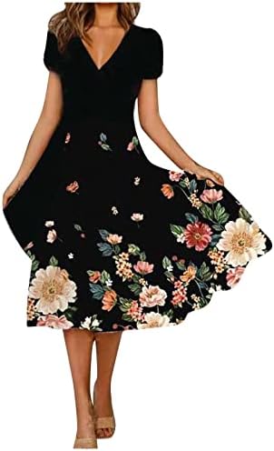Kadın V Boyun askı elbise Boho Yaz Kısa Kollu Midi Elbise Rahat 2023 Seksi Çiçek Baskılı Sundress Dökümlü Gevşek Elbise
