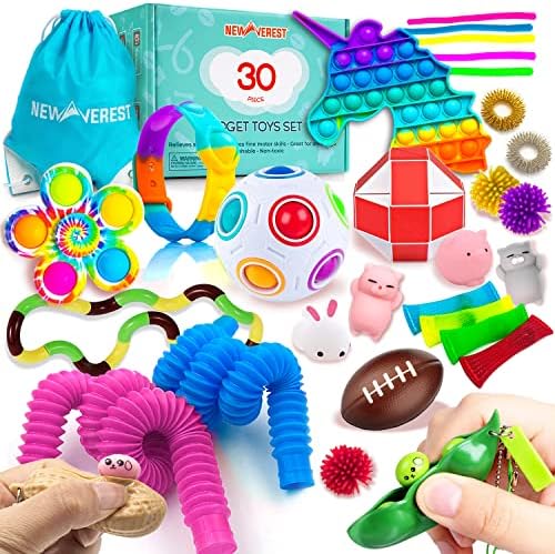 Newverest Duyusal stres oyuncakları Set - 30 Paket - Push Pop It, Fidget Bubble Push Pop Spinner, Mermer Örgü, Sıkma Topu,