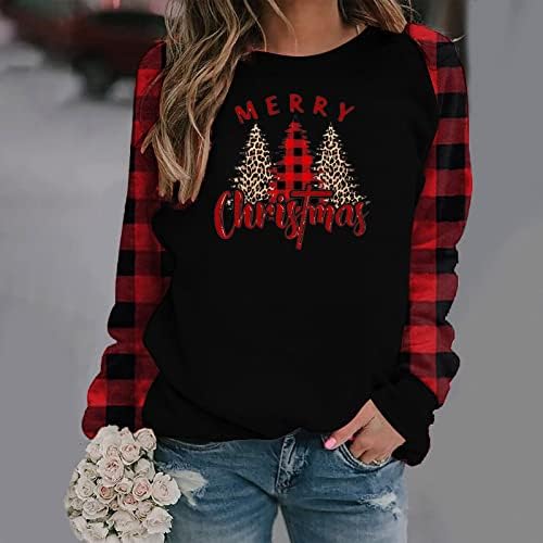 Merry Christmas Tişörtü Ekose Noel Ağacı T-Shirt Buffalo Ekose Uzun Kollu Crewneck Sonbahar Kazak Bluz