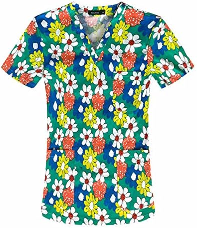Bayan Üstleri Kısa Kollu V Yaka T Shirt Karikatür Baskı Bluz Grafik Tees çalışma üniforması İş Casual Tops