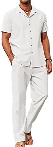 COOFANDY Erkekler 2 Parça Keten Kıyafet Plaj Düğme Aşağı Gömlek Casual Gevşek Pantolon Setleri