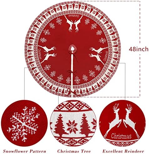 AerWo Noel Ağacı Etek, Kar Tanesi ve Ren Geyiği ile 48 inç Büyük Rustik Noel Ağacı Etek, Kırmızı Örgü Noel Ağacı Etek Noel