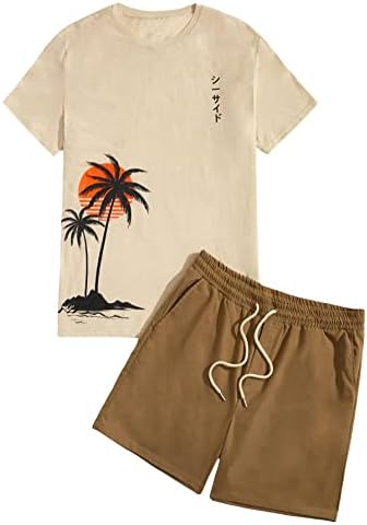GORGLİTTER erkek 2 Parça Kıyafetler Tropikal Baskı Kısa Kollu Tee ve İpli Bel şort takımı