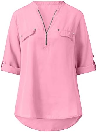 Bayan Kısa Yarım Kollu Bluz V Boyun Şifon Zip Up Düz Salon Gevşek Fit Rahat Fit Bluz Tshirt Bayanlar için VO