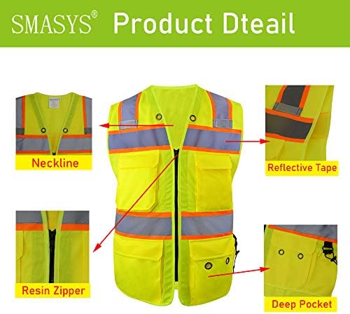 SMASYS 5 cepli yüksek görünürlüklü güvenlik yeleği, Yansıtıcı çizgili Güvenlik örme Yelek Parlak İnşaat İş Giysisi