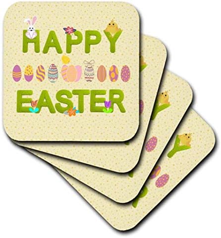 3dRose Mutlu Paskalya Otu Sözleri, Tavşanlar, Yumurtalar, Civciv Çiçekleri, Sarı-Yumuşak Bardak Altlıkları, 8'li Set (CST_218255_2)
