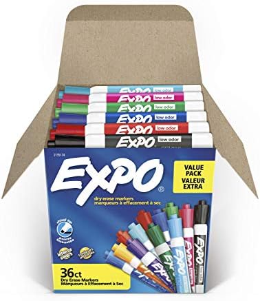 EXPO Low-Odor Dry Erase Markers, Çeşitli Renkler, 36 Sayı ve Düşük Koku Kuru Silme İşaretleri, Keski Ucu, Siyah, 36 Sayı