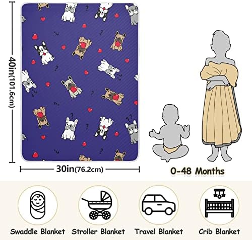Kundak Battaniyesi Bebekler için Sevimli Bulldog Desenli Mavi Pamuklu Battaniye, Battaniye Alma, Beşik için Hafif Yumuşak