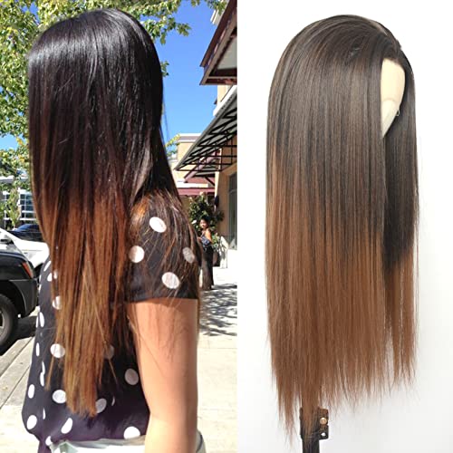 Luwıgs Ombre kahverengi Açık kahverengi peruk uzun düz ısıya dayanıklı sentetik peruk siyah kadınlar için Yüksek sıcaklık