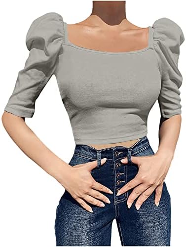 Bayan Kare boyun Üstleri 2023 Yaz Puf Kollu T Gömlek Ofis Bayan İş Bluzlar Yarım Kollu Slim Fit Gömlek Tunik Üst