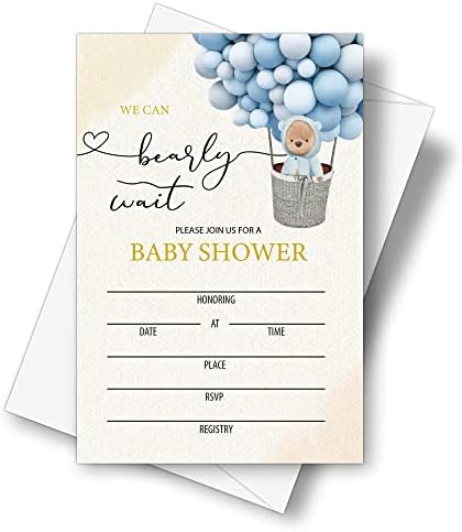 Zarflı Mavi Ayı Balonları Bebek Duş Davetiye Kartları (4 X 6) - Bearly Wait Bebek Duş Davetiyeleri Erkek ve Kız Çocukları