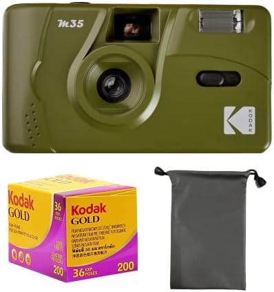 Kodak M35 35mm Yeniden Kullanılabilir Film Kamerası, Odaksız, Güçlü Flaşlı, Film ve Kamera Çantalı Paket (Sarı, Altın 200