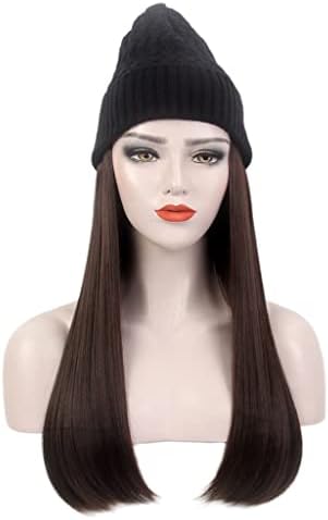 SHZBCDN Moda Avrupa ve Amerikan Bayanlar Saç Şapka Bir Siyah Örme Şapka Peruk Uzun Düz Açık Kahverengi Şapka Peruk Bir
