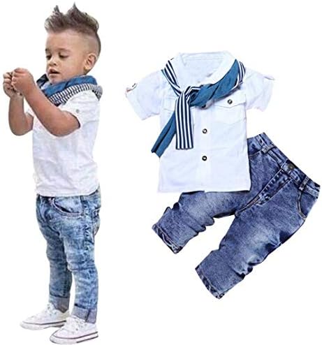 Ritatte Toddler Erkek Bebek Rahat Giyim Pamuk Kısa Kollu Gömlek + Denim Kot + Eşarp 3 Adet Set Çocuklar yaz kıyafetleri