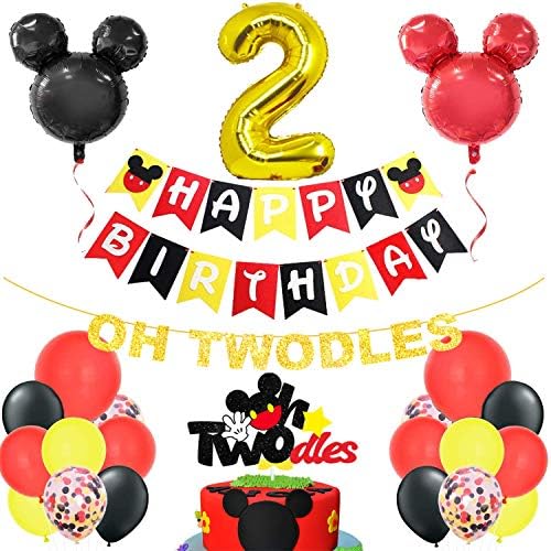 Mutlu 2nd Doğum Günü Balon Seti Fare Temalı Dekorasyon-Oh Twodles Afiş ve Kek topper Parti Malzemeleri Altın Kırmızı