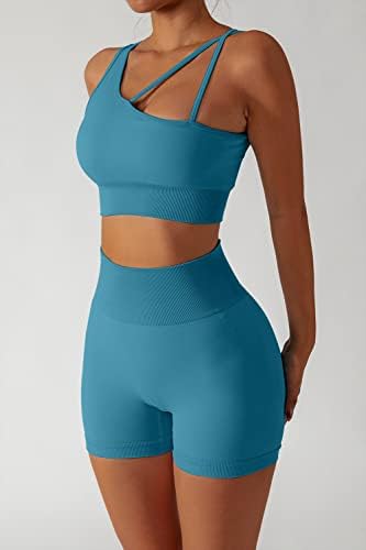 QINSEN Egzersiz Setleri Kadınlar için Bir Omuz Spor Sutyeni Yüksek Bel Ganimet Şort Dikişsiz Gmy Yoga 2 Parça Kıyafetler