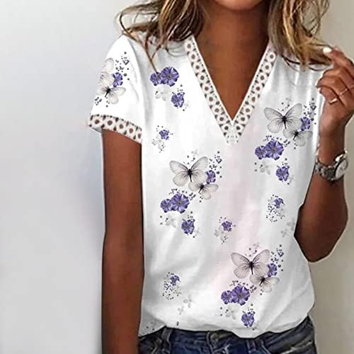 Bayan Casual Yaz Üstleri Moda Baskı Kısa Kollu T Shirt Dantel Trim V Boyun Tunik Gömlek Tee Bluz