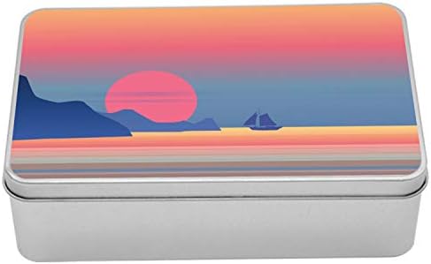 Ambesonne Renkli Teneke Kutu, İllüstrasyon Gece Ay Işığı Deniz Ufukta Yelken, Kapaklı Taşınabilir Dikdörtgen Metal Organizatör