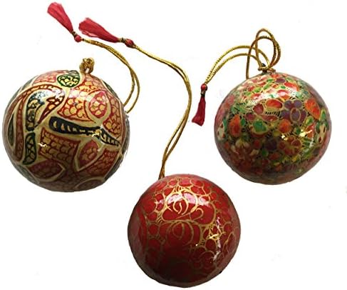 Orta Keşmir Lacquerware Baubles Noel Ağacı Süsleri-Güzel Adil Ticaret Handpainted - 3 Set Süslemeleri Karışık Tasarımlar