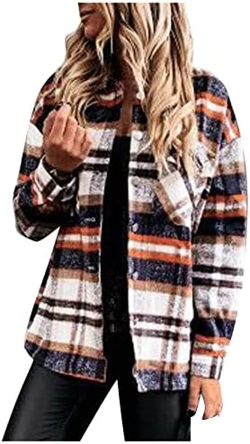 Dnuri Yün Ceket kadın Rahat Ekose Shacket Uzun Kollu Düğme Bluzlar Ceketler Kış Basit Ceket Giyim Cep ile