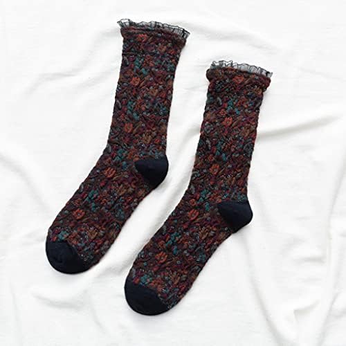 kaixinbukaixin Kadınlar Tatlı Fırfır Dantel Buzağı Çorap Etnik Renkli Çiçek Jakarlı Çorap, Lacivert