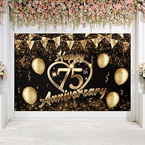 Mutlu 75th Yıldönümü Zemin Afiş Dekor Siyah Altın Glitter Aşk Kalp Mutlu 75 Yıl Düğün Yıldönümü Partisi Tema Süslemeleri