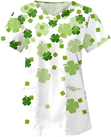 Bayan Aziz patrick Günü Üstleri V Yaka Kısa Kollu çalışma üniforması Bluz Gevşek Yeşil Grafik İş Giysisi Cepler ile