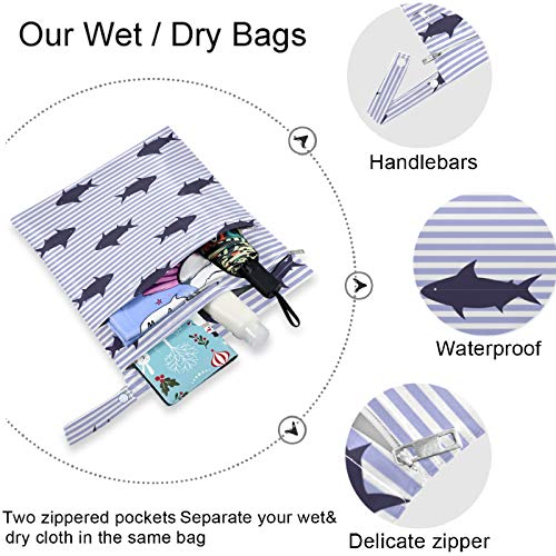 visesunny köpekbalığı mavi Şerit 2 adet fermuarlı cepli ıslak çanta Yıkanabilir kullanımlık Seyahat için geniş, Plaj, Havuz,Kreş,