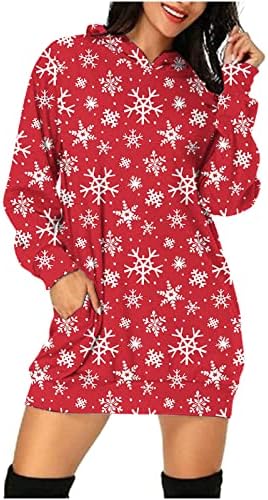 Mini Elbiseler kadın Mezuniyet Hoodies Elbise Noel Baskılı Uzun Kollu O-Boyun Gevşek Rahat Kazak Elbise