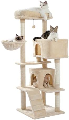 HJ.WeDoo Kedi Ağacı 56 İnç Kedi Kulesi Çoklu Kediler ve Yavru Kedi Çift Kınamak Hamak ve tırmalama sütunu Bej