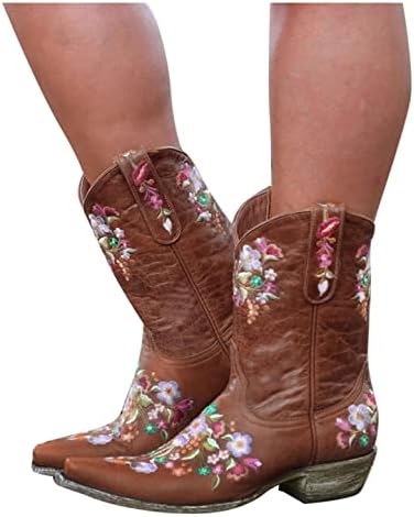 Bayan Botları Ayakkabı Retro bayan Botları İşlemeli Kovboy Orta Buzağı Çizmeler Tıknaz Düşük Topuk Slip-On bayan botları