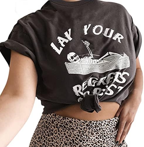 YfıDSJFGJ T-Shirt Kadın O-Boyun Kısa Kollu Punk Bildirimi Yan Yarık Üst T-Shirt Tee Bluzlar