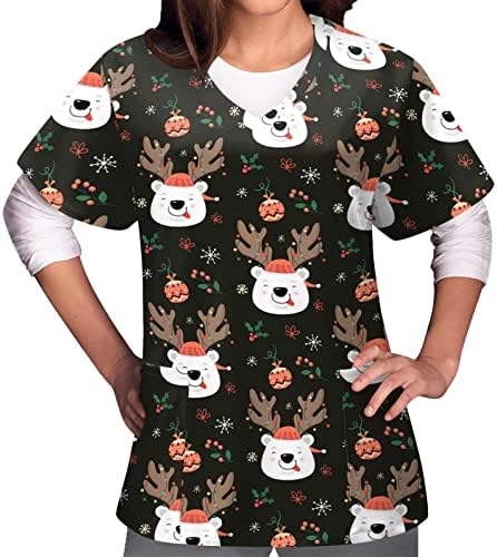 Kadınlar İçin noel Gömlek Kısa Kollu V Yaka Kazak Tops Üniforma Noel Baskılı Cepler Bluz Tunik