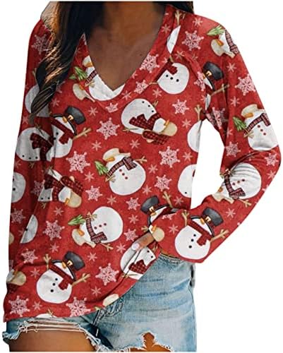 Noel Tunikler Kadınlar için Rahat Baskılı Grafik V Boyun Tee Tops Vintage Raglan Uzun Kollu Gömlek Gevşek Fit Bluz